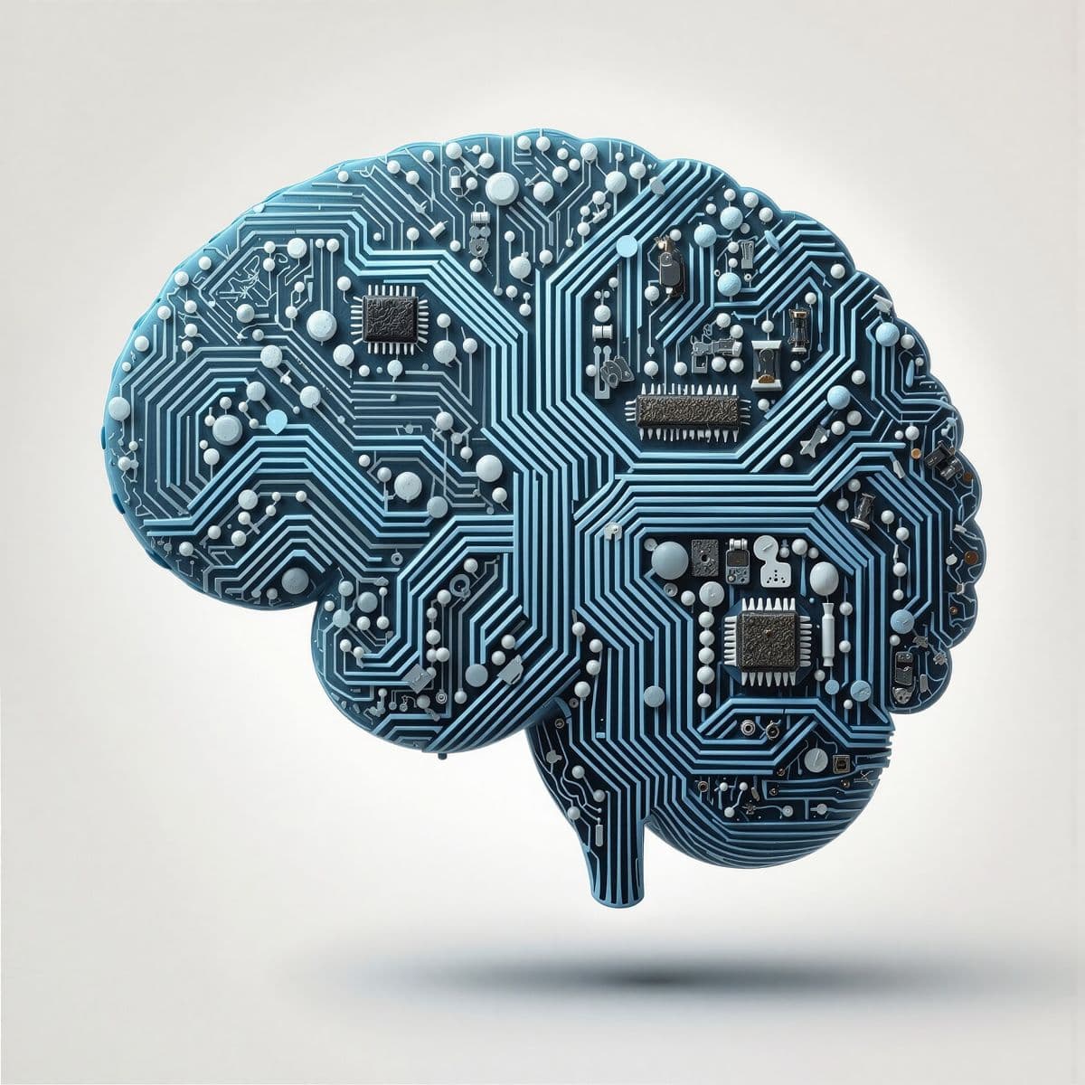 A stylised brain made of circuit-board traces, representing artificial intelligence.