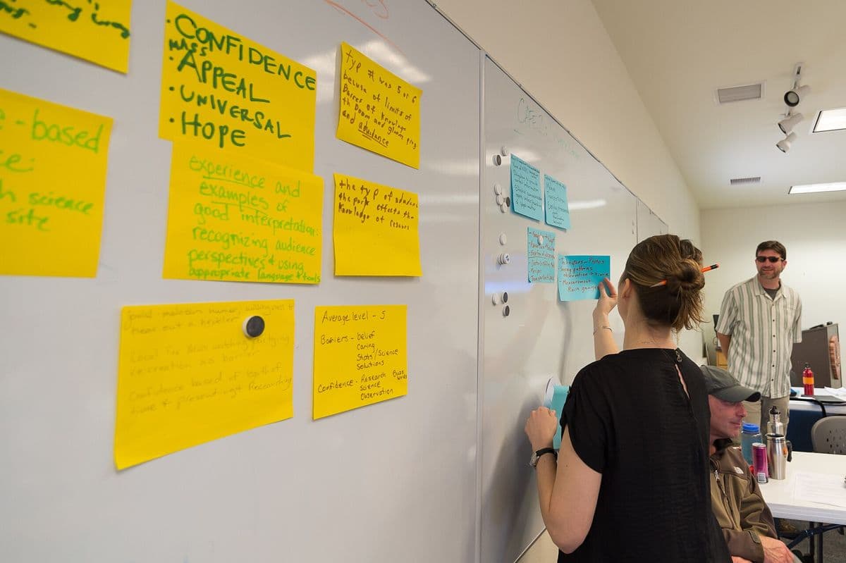 A whiteboard covered in sticky notes during a planning session.